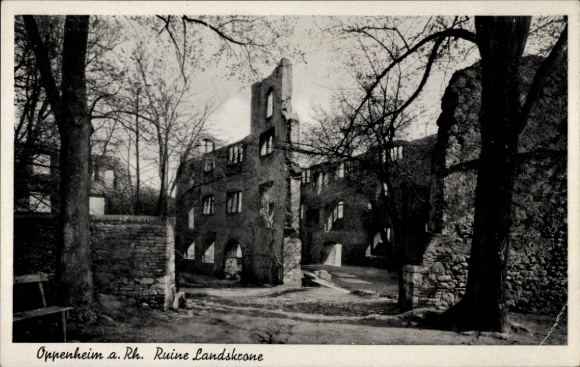Ak Oppenheim am Oberrhein, Ruine Landskrone, Oppenheim a. Rh., Ruinenansicht, Bäume, leerer Platz
