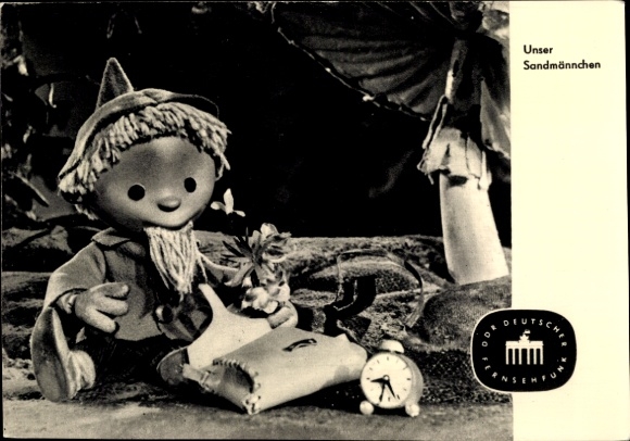 Postcard Our Sandman, Sandman, GDR children's television, alarm clock, mushroom, bag