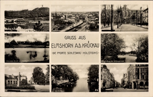Ak Elmshorn in Holstein, uitzicht op de stad, Obenaue, Süddeich, Schlangenaue, monument, Krückau