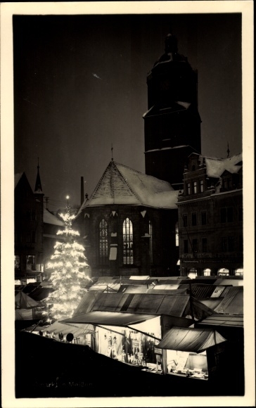 Postcard Meissen in Saxony, Christmas market, illuminated Christmas tree