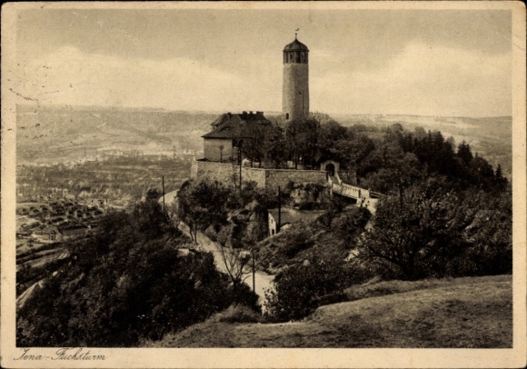 Ak Jena in Thüringen, Tena-uchturm, Berg mit Aussicht, Wald, Straße, Gebäude