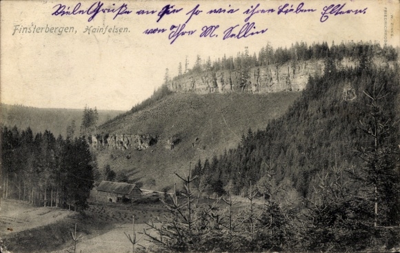 Postcard Finsterbergen Friedrichroda in the Thuringian Forest, landscape with rocks, forest, small house, much