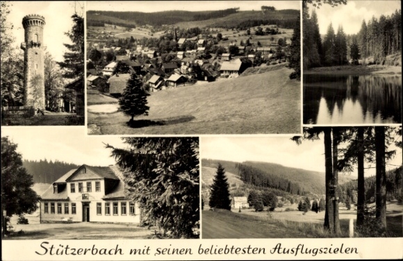 Postcard Stützerbach Ilmenau Thuringian Forest, panorama, tower, water, building