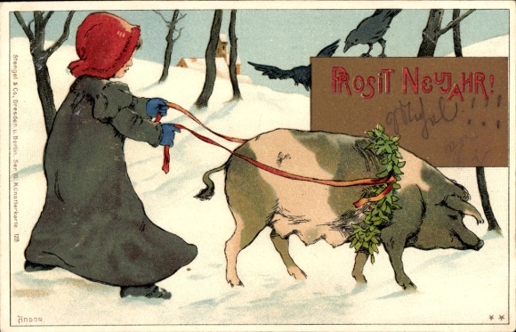 Chromo-Litho Happy New Year, girl has a pig on a leash