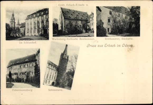 Postcard Erbach in the Odenwald district of Hesse, city views, courtyard, rent chamber, castle tower