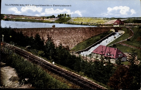 Postcard Malter Dippoldiswalde in the Eastern Ore Mountains, dam with power plant, railway tracks