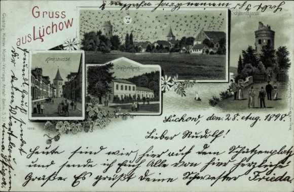 Moonlight Chromo-Litho Lüchow im Wendland, Kirchstrasse, Schützenhaus, castle tower