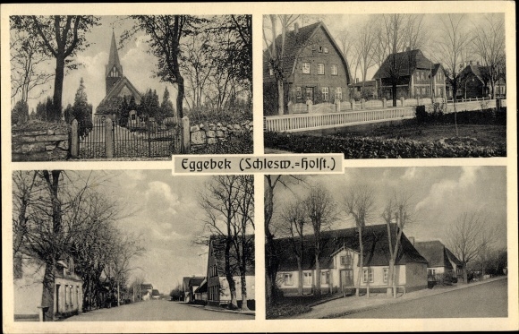 Ak Eggebek Kreis Flensburg, Kirche, Häuser mit Gärten, Straßenansichten