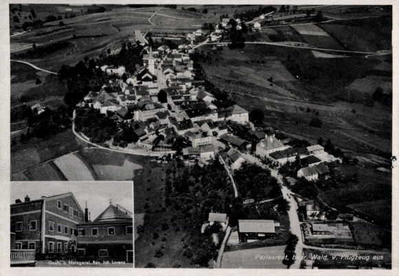Postcard Perlesreut Lower Bavaria, aerial view of the Bavarian Forest, inn and butcher shop Jak. Lorenz
