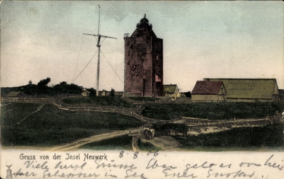 Postcard Insel Neuwerk, tower, house, fence, tree, two persons