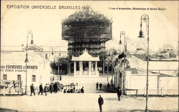 Postcard Bruxelles Brussels, 1910 exhibition, overview, sights and giant tree