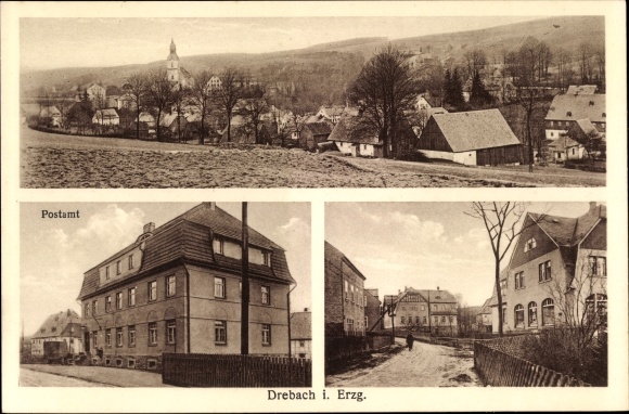 Ak Drebach im Erzgebirge, Gesamtansicht, Postamt, Straße