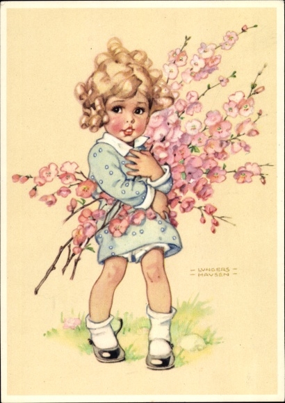 Kunstenaarskaart Lungershausen, Ilse Wende, blond meisje met bloementakken