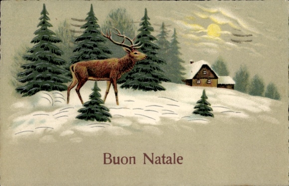 Ak Glückwunsch Weihnachten, Hirsch, Tannenbäume, Haus