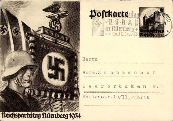 Postal stationery Postcard Reichsparteitag Nürnberg 1934, NSDAP standard
