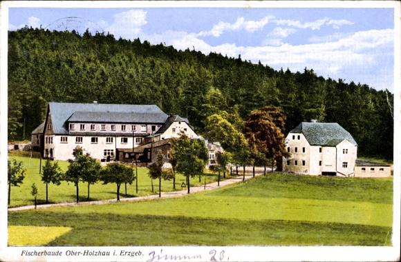 Ak Kratzhammer Altenberg im Erzgebirge, Fischerbaude, Gasthaus, Wald, Wiese, blauer Himmel, we...