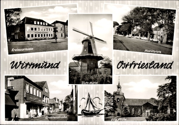 Postcard Wittmund in East Frisia, Kreissparkasse, market square, Drostenstraße, church, mill