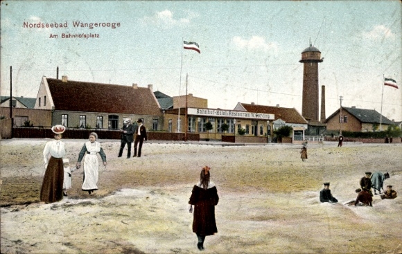 Postcard North Sea resort Wangerooge in East Frisia, station square, lighthouse