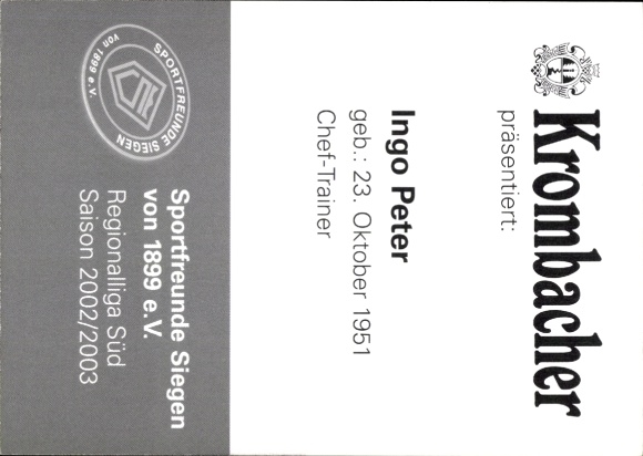 Autograph card head coach Ingo Peter, Sportfreunde Siegen, autograph