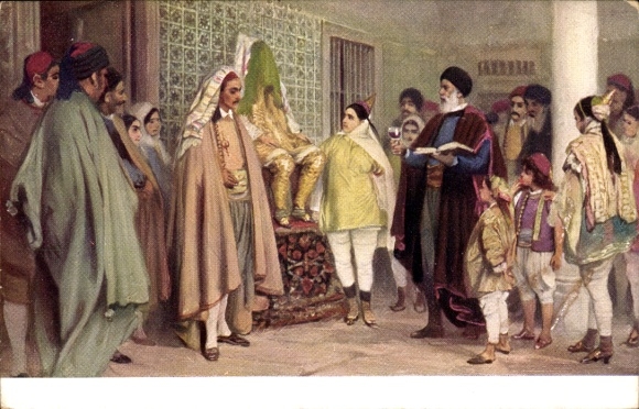 Judaika Postcard Jews in traditional costumes, festival, family