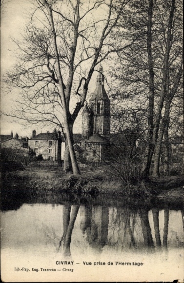 Postcard Civray Cher, church tower, water reflection, trees, rural scene