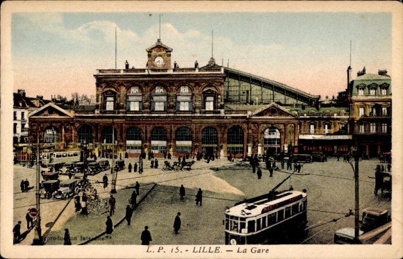 Postcard Lille Nord, train station, tram