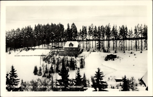 Postcard fir Oberharz am Brocken, Pension Sanssouci, winter landscape