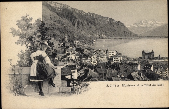 Ak Montreux Kanton Waadt, Panorama und die Dent du Midi, Mädchen in Tracht