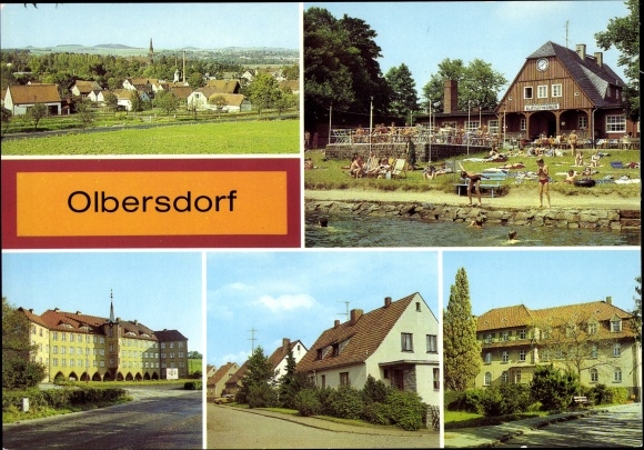 Postcard Olbersdorf in Saxony, outdoor swimming pool, polytechnic high school, Rudolf Harbig Straße, after-work center