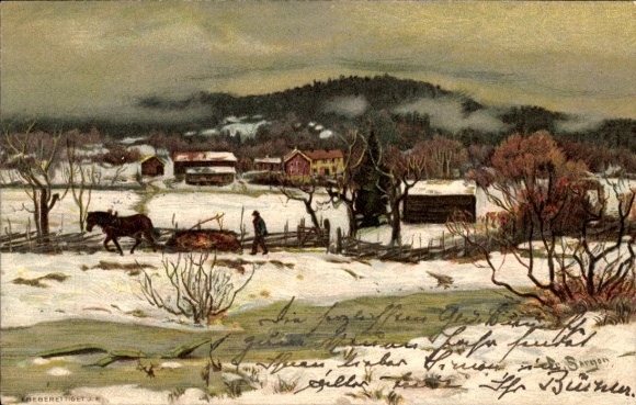 Kunstenaar Ak Bergen, Fr., Dorpsgezicht in de winter