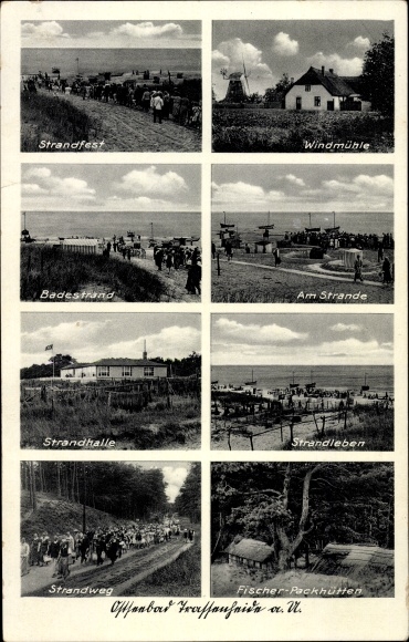 Postcard Trassenheide on Usedom, beach festival, fishermen's packing huts, windmill, beach path
