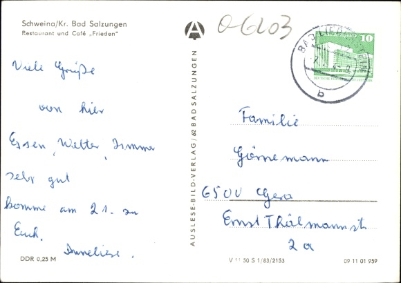 Postcard Schweina Bad Liebenstein in the Wartburg district, restaurant and café Frieden