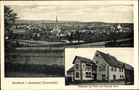 Postcard Seesbach im Soonwald, Inn zur Post, view of the town