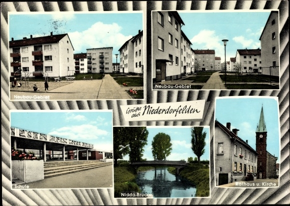 Ak Niederdorfelden, Teilansichten, Neubaugebiet, Schule, Kirche