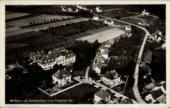 Postcard Illertissen in Swabia, Illertissen with hospital from the plane