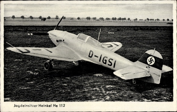 Postcard German Air Force, fighter aircraft Heinkel He 112, single-seater fighter, D-IGSI