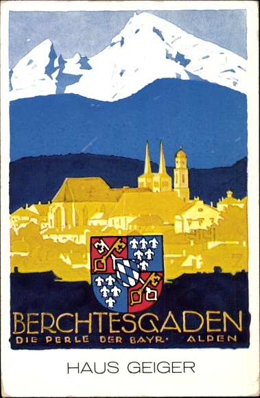 Coat of arms PC Berchtesgaden in Upper Bavaria, village with a view of the landscape, Geiger&#39;s house