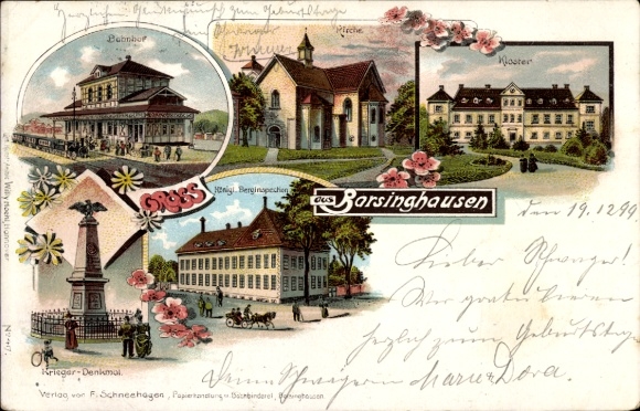 Litho Barsinghausen am Deister, Bahnhof, Kloster, Kirche, Berginspektion, Kriegerdenkmal