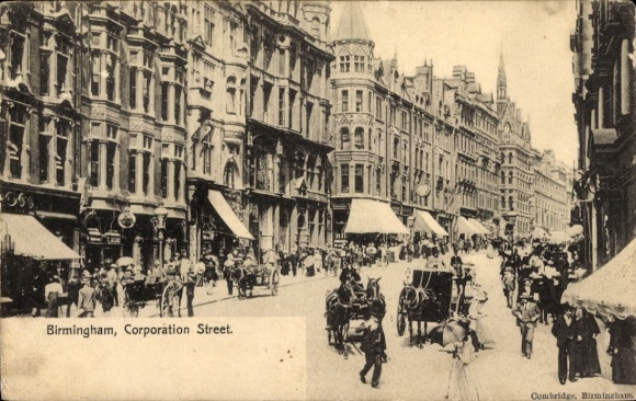 Ak Birmingham West Midlands England,  Corporation Street, belebte Straße, Pferdekutschen, Geschäf