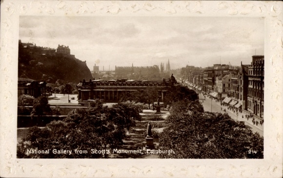Postcard Edinburgh Scotland, National Gallery, Scott's Monument