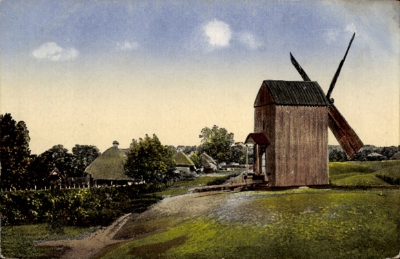 Postcard Russia, Russian landscape, wooden windmill, farmhouses