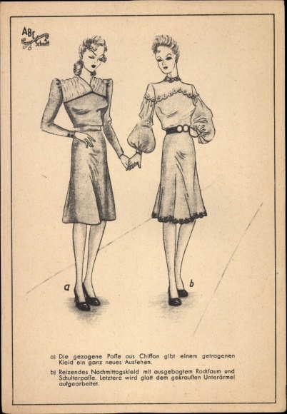 Postcard Ladies Fashion Sewing Pattern ABC Cut Dress with Drawn Yoke Chiffon Afternoon Dress