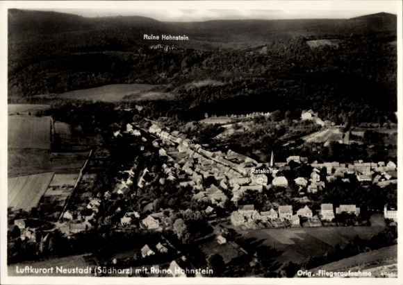Postcard Neustadt in Sachsen, aerial photograph, Hohnstein ruins, Hotel Ratskeller, rural surroundings