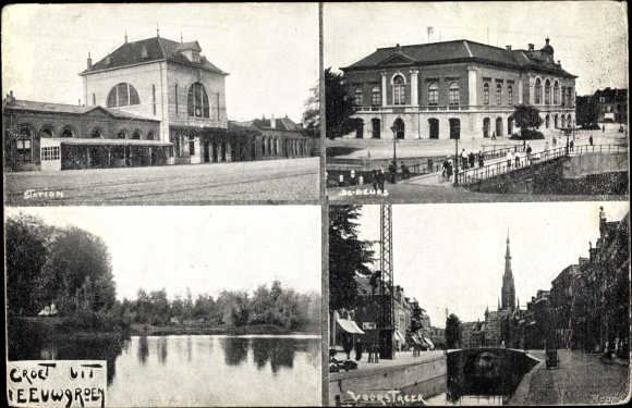 Postcard Leeuwarden Friesland Netherlands, train station, bridge, stock exchange, lake view