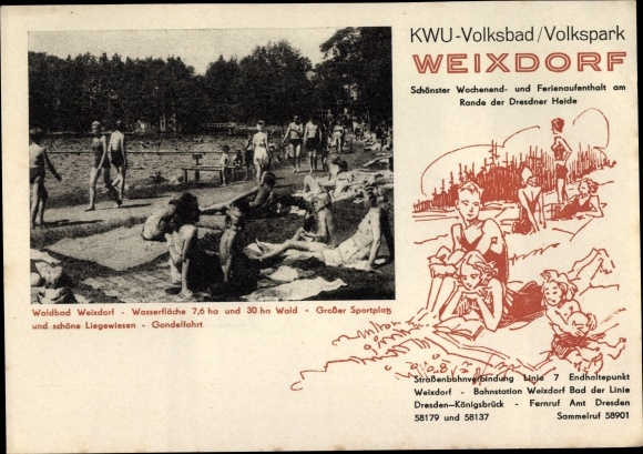 Postcard Dresden Weixdorf, KWU public pool, public park, forest pool, party on the beach