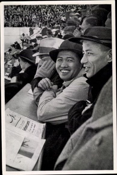 Collector's picture of the 1936 Olympics, Japanese sports journalists in the press box in the ice stadium