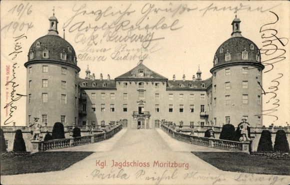 Ak Moritzburg in Sachsen, Kgl. Jagdschloss  s Gebäude, Gartenanlage