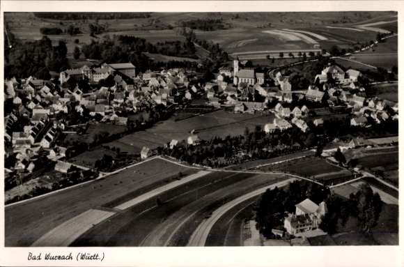 Postcard Bad Wurzach in Upper Swabia, aerial view of beautiful landscape, houses, churches