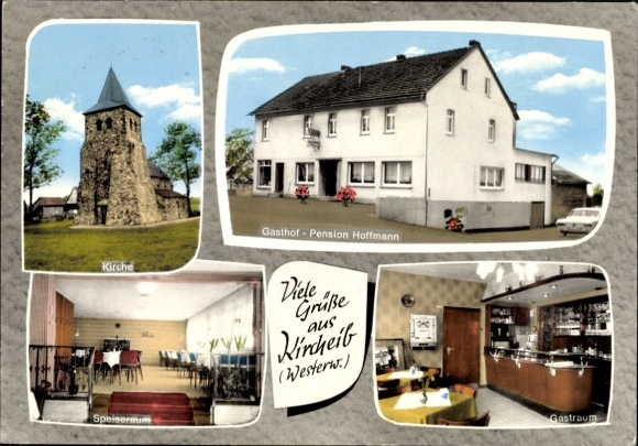 Postcard Kircheib in Rhineland Palatinate, Gasthof Pension Otto Hoffmann, guest room, church, dining room