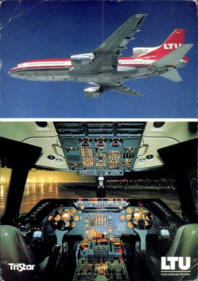 Postcard German passenger aircraft, LTU Boeing 757-200, Rolls Royce engine, TriStar L-1011-1, cockpit